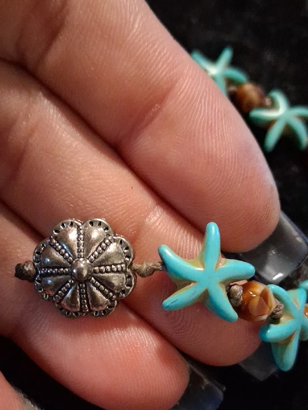 Turquoise Starfish Bead Anklet Bracelet with Brown Accent Stones - 10 To 12 In L